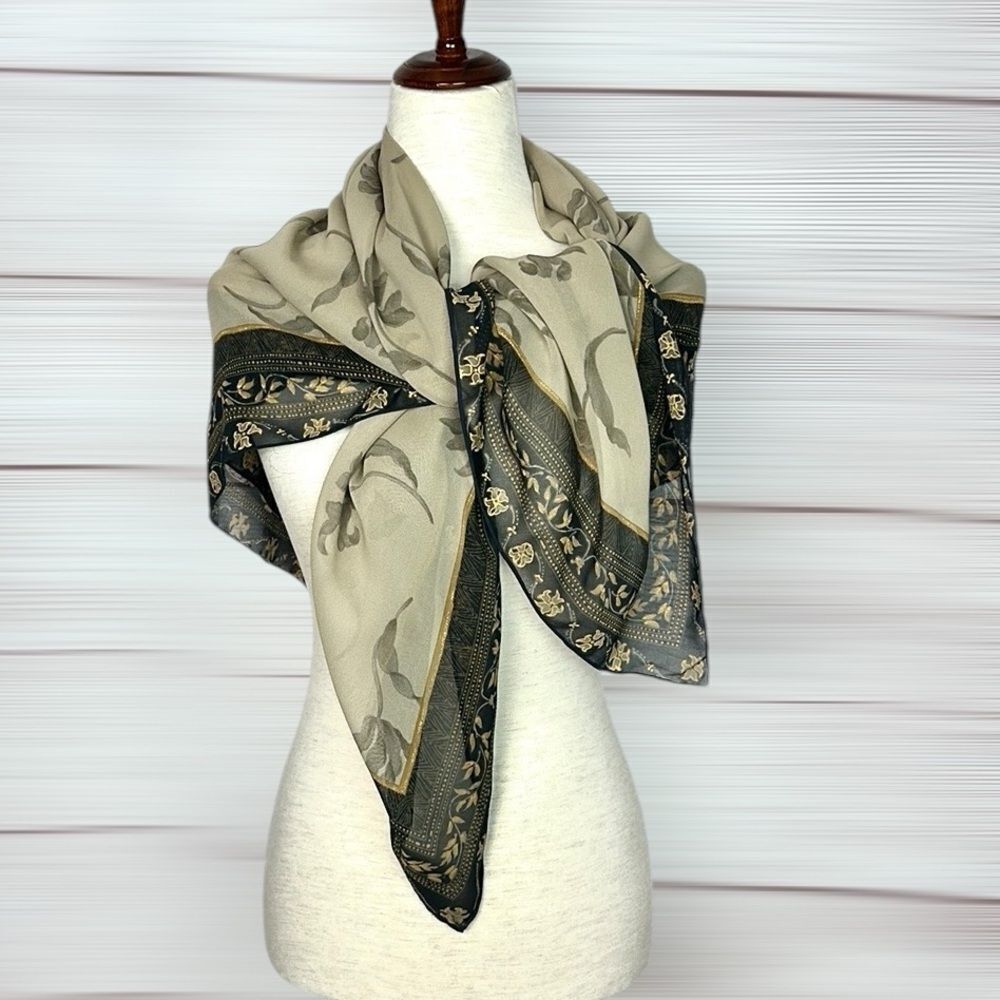 Silk Crepe Square Scarf Taupe Gray Floral Print Hand Rolled 41x41 inches - Picture 7 of 11
